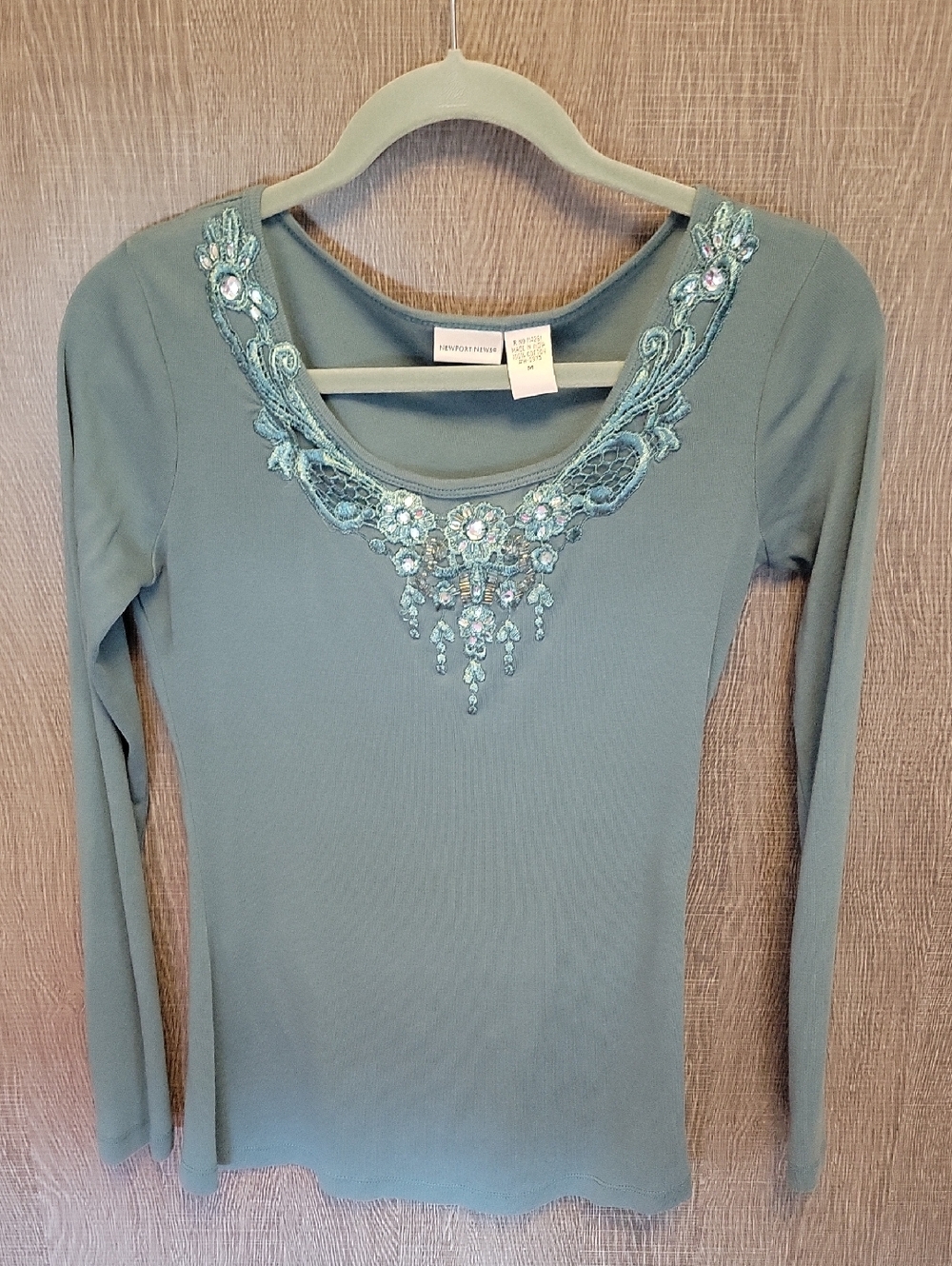 Newport News Teal Embellished Scoop-Neck Long Sleeve Top